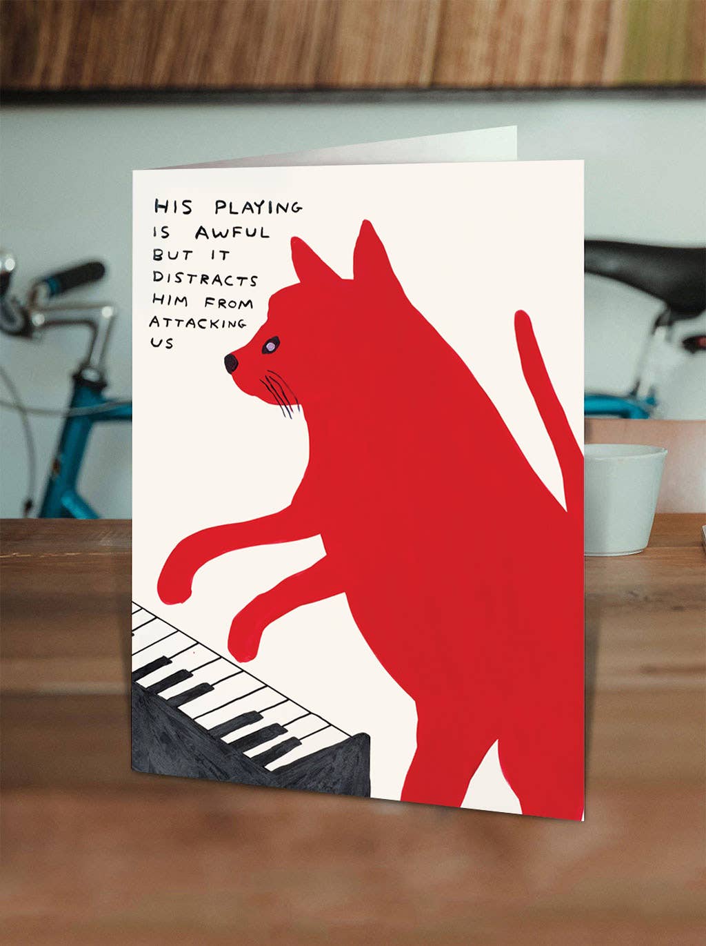 Funny David Shrigley Piano Playing Cat Greetings Card
