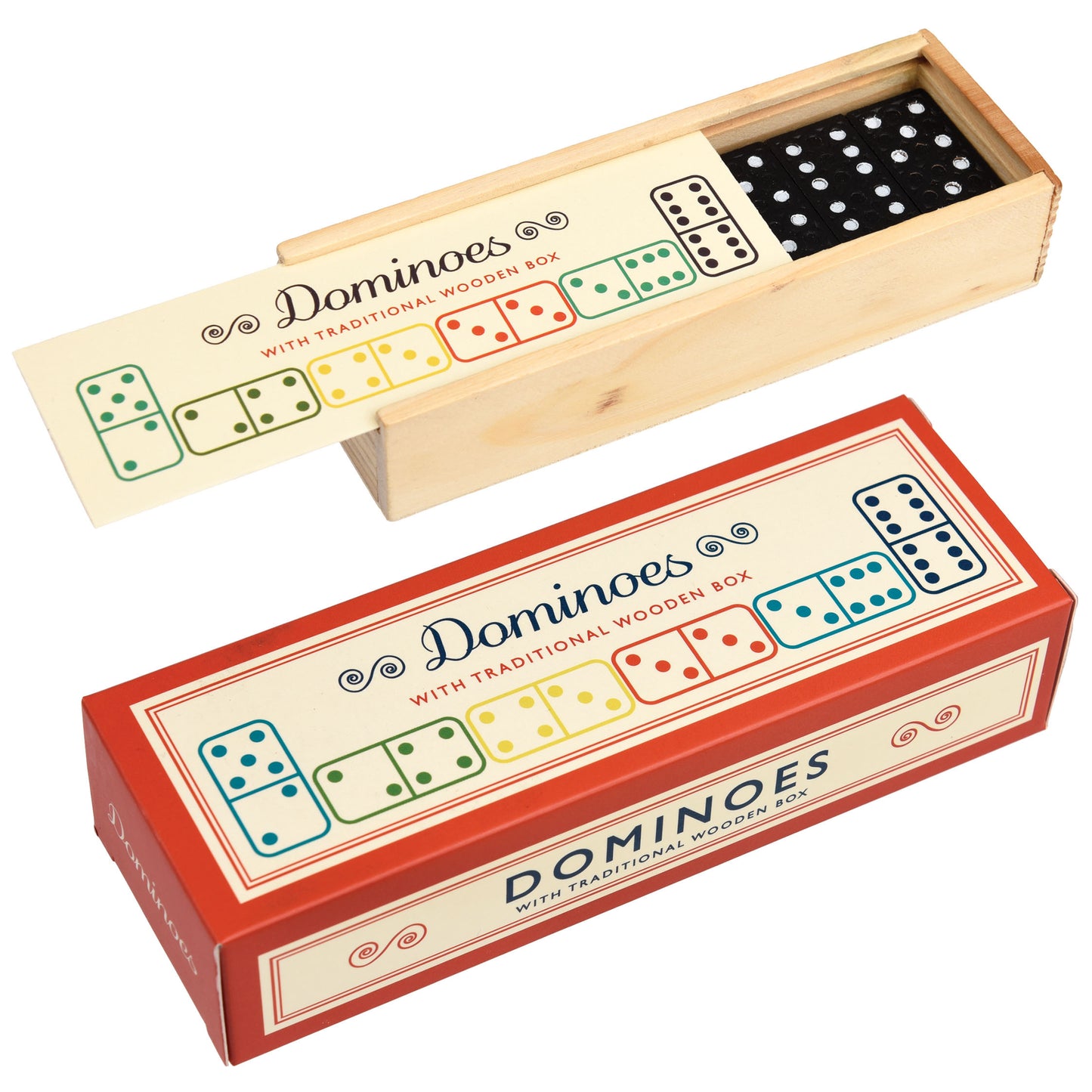 Wooden box of dominoes