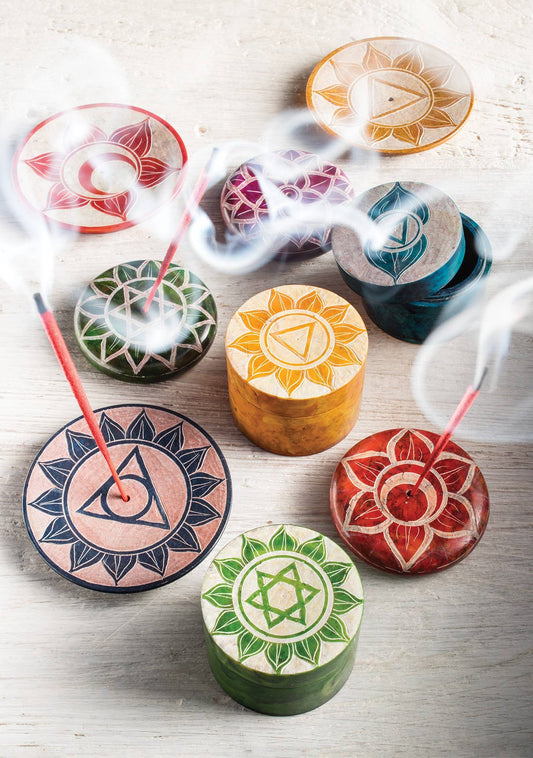 Chakra Carved Round Soapstone Incense Holder Pebble