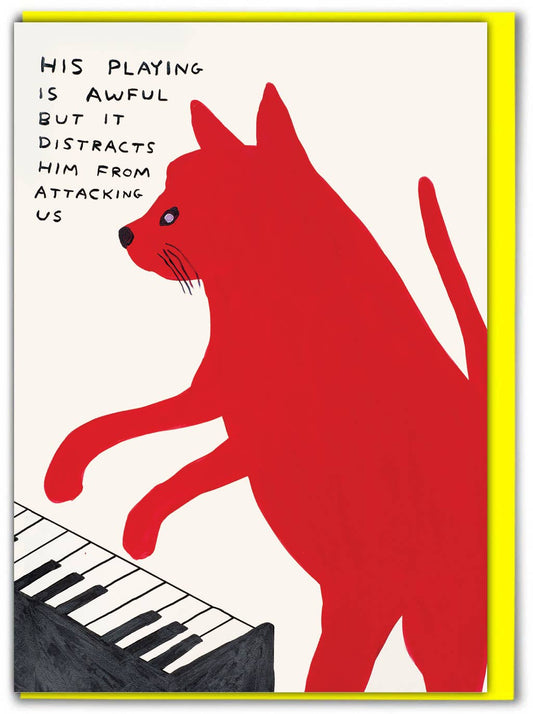 Funny David Shrigley Piano Playing Cat Greetings Card
